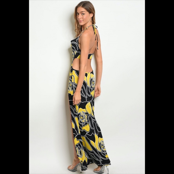 Black & Yellow Floral Slit Dress - Picture 2 of 5